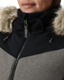 Close-up of a person wearing a winter coat with fur-lined hood and color-block design.