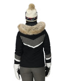 Winter jacket with fur hood and striped hat on a white background