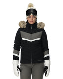 Person wearing a black and gray winter jacket with fur-lined hood on a white background