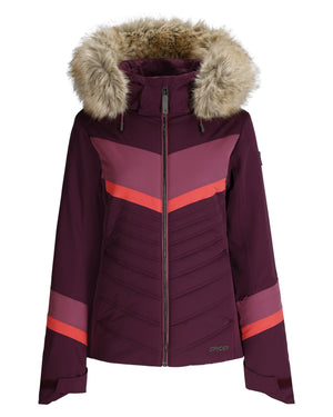 Purple winter jacket with fur-lined hood on a white background