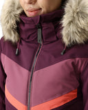 Close-up of a purple winter jacket with fur hood and red accents.