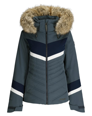 Blue winter jacket with fur-lined hood on a white background