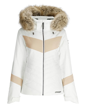 White jacket with fur hood and beige accents on a white background