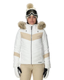 Person wearing a white and beige ski jacket with fur-lined hood on a white background