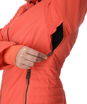 Close-up of a person wearing an orange jacket with a focus on the zipper.