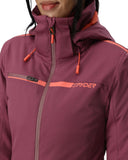 Close-up of a purple jacket with orange accents and Spyder logo.