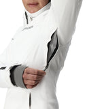 White jacket with black accents and a brand logo on a white background