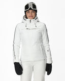 Person wearing a white ski jacket, pants, gloves, and goggles on a white background
