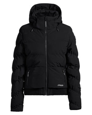 Black puffer jacket with a brand logo on a white background