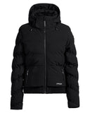Black puffer jacket with a brand logo on a white background