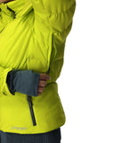 Person wearing a bright yellow jacket with a close-up of the chest area on a white background.