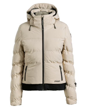 Beige winter jacket with black accents on a white background