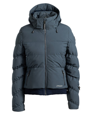 Blue puffer jacket with a hood on a white background