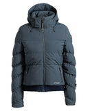 Blue puffer jacket with a hood on a white background