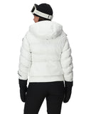 Person wearing a white puffer jacket, black pants, and gloves on a white background