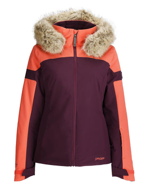 Two-tone orange and purple jacket with fur-lined hood on a white background