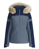 Two-tone blue and gray jacket with fur-lined hood on a white background