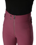 Close-up of maroon pants with a black top on a white background
