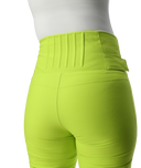 Bright green leggings worn by a person on a white background