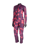 Purple and red patterned bodysuit on a white background