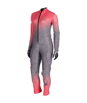 Gradient red to gray full-body suit with spider web pattern on a white background