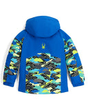 Blue jacket with colorful camouflage pattern on a white background