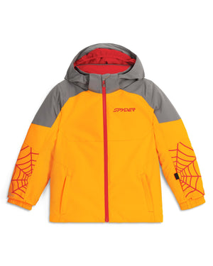 Orange and gray jacket with spider web designs on sleeves against a white background