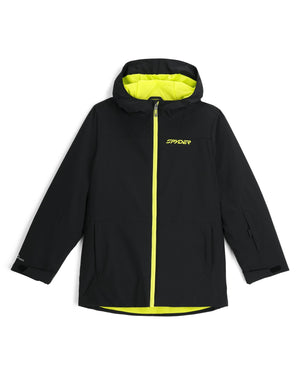 Black jacket with yellow accents and Spyder logo on a white background