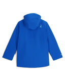 Blue raincoat with a brand logo on the back against a white background