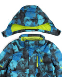 Blue and black patterned jacket with green accents on a white background