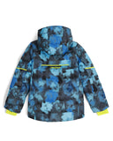 Blue and black patterned jacket with yellow accents on a white background
