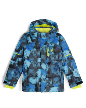 Blue and black patterned jacket with yellow accents on a white background