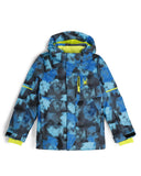 Blue and black patterned jacket with yellow accents on a white background