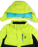 Yellow jacket with blue lining and black spider logo on a white background