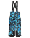 Blue and black patterned snow pants with suspenders on a white background
