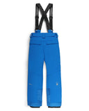 Blue snow pants with black suspenders on a white background