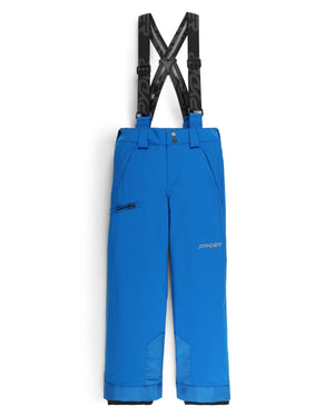 Blue ski pants with black suspenders on a white background
