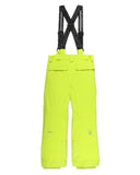 Bright yellow ski pants with black suspenders on a white background