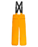 Yellow snow pants with black suspenders on a white background