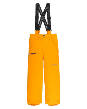 Orange ski pants with black suspenders on a white background