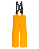 Orange ski pants with black suspenders on a white background