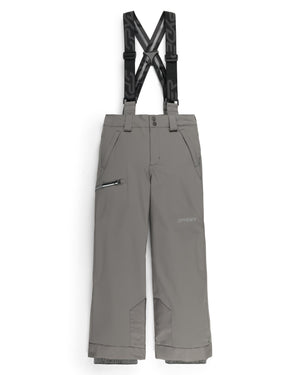 Gray snow pants with black suspenders on a white background