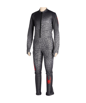 Black and gray spider-web patterned suit on a mannequin against a white background