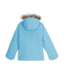 Light blue winter jacket with fur-lined hood on a white background
