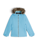 Blue winter jacket with fur hood on a white background