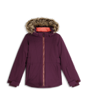Purple winter jacket with fur-lined hood on a white background