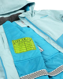 Light blue jacket with a yellow 'Pass Me On' label on a white background