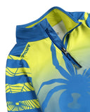Blue and yellow swim suit with palm tree design on a white background