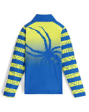 Blue and yellow long-sleeve shirt with a spider design on a white background