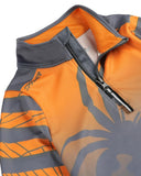 Close-up of an orange and gray jacket with a zipper